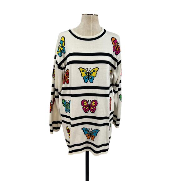 Escada Vintage Sweater Butterfly Stripe Print Cotton Cream Black Size 36 US 6 - Picture 1 of 12